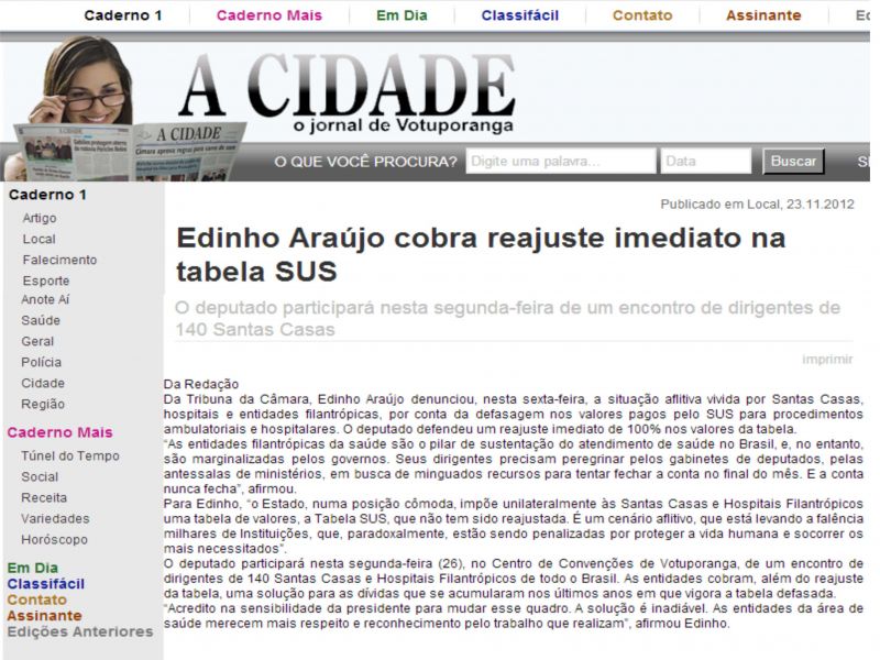 Edinho Araújo cobra reajuste imediato na tabela SUS